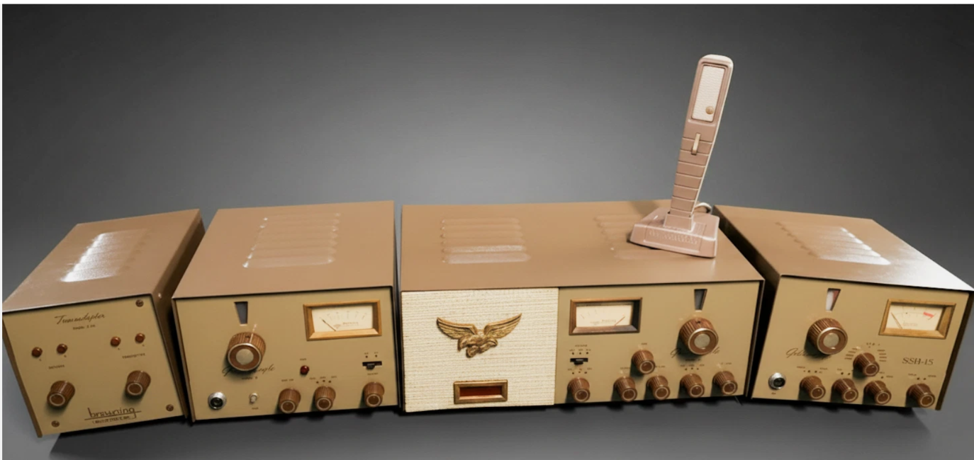 Vintage Browning Golden Eagle radio setup with matching cabinets and a standing microphone